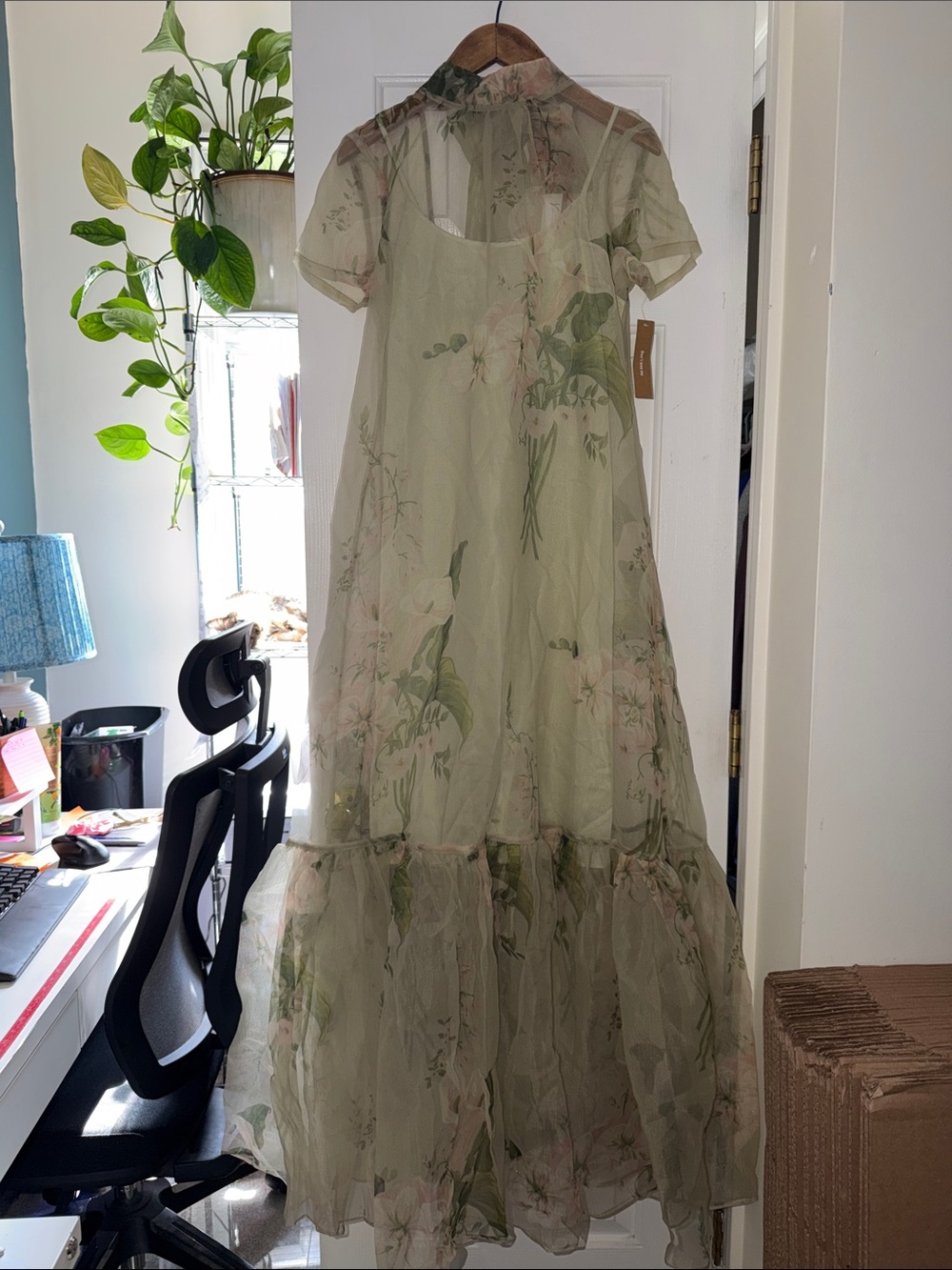 Few Moda Pastel Green Floral Mini  Dress with Sheer Overlay. Sz S